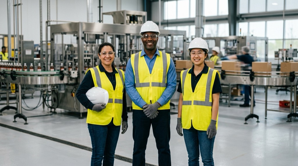 A co-packing production crew on a modern plant floor in safety gear